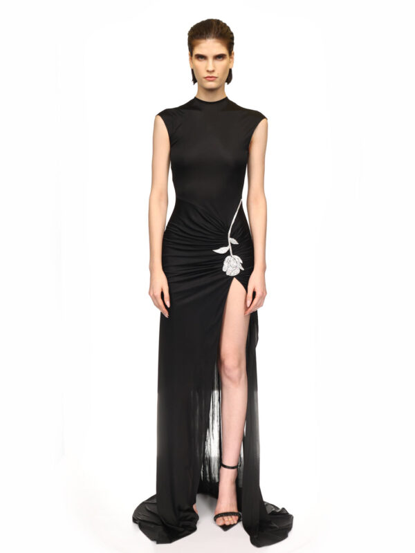 BLACK CRYSTAL ROSE HIGH-LEG GOWN