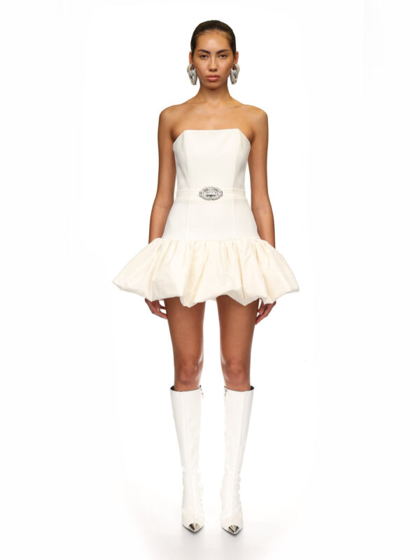 WHITE STRAPLESS BUCKLE MINI DRESS