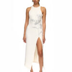 WHITE RHINESTONE ROSE MIDI DRESS