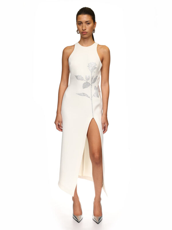 WHITE RHINESTONE ROSE MIDI DRESS