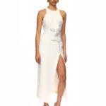 WHITE RHINESTONE ROSE MIDI DRESS