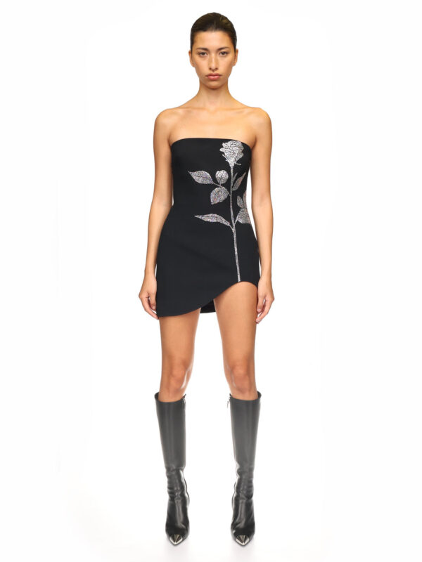 BLACK RHINESTONE ROSE STRAPLESS MINI DRESS