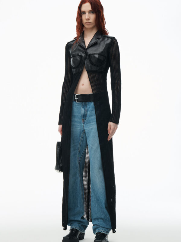 maxi cardigan in hand-crochet & crackle patent leather