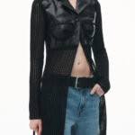 maxi cardigan in hand-crochet & crackle patent leather