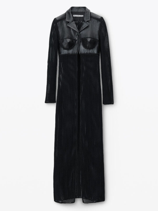 maxi cardigan in hand-crochet & crackle patent leather