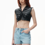 crochet cut out high rise shorty in recycled denim