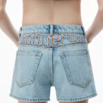crochet cut out high rise shorty in recycled denim