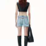 crochet cut out high rise shorty in recycled denim