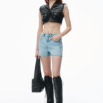crochet cut out high rise shorty in recycled denim