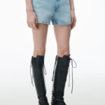 crochet cut out high rise shorty in recycled denim