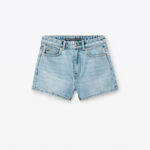 crochet cut out high rise shorty in recycled denim