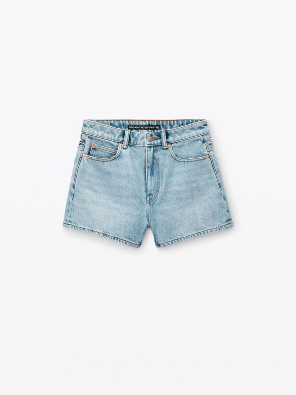 crochet cut out high rise shorty in recycled denim