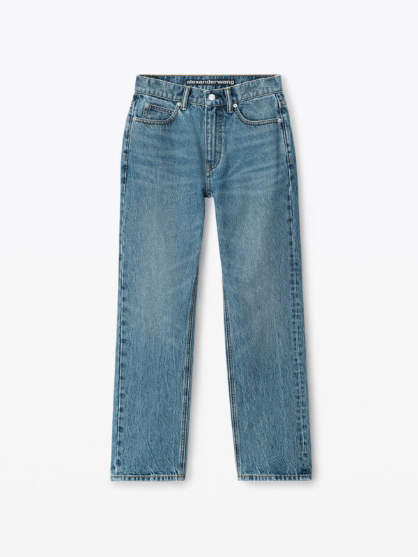fly high-rise stacked jean in denim