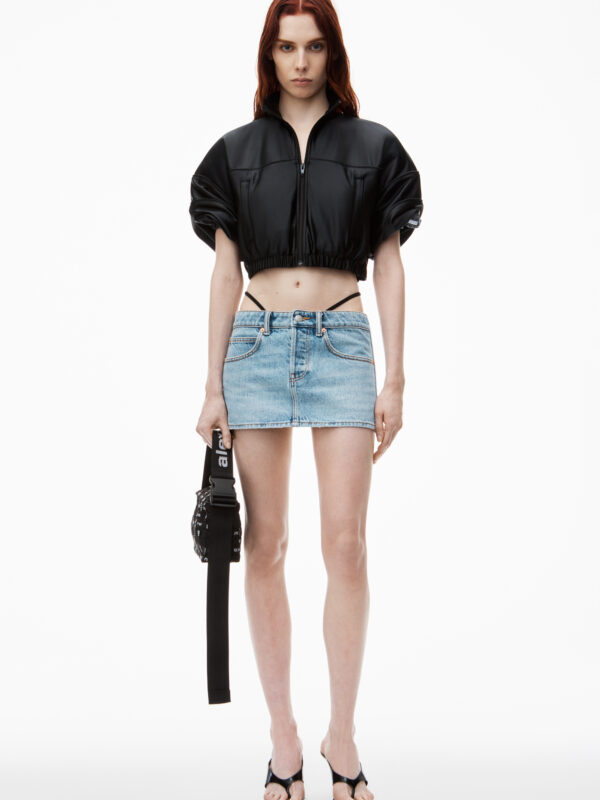 DENIM MINI SKIRT WITH PRESTYLED THONG
