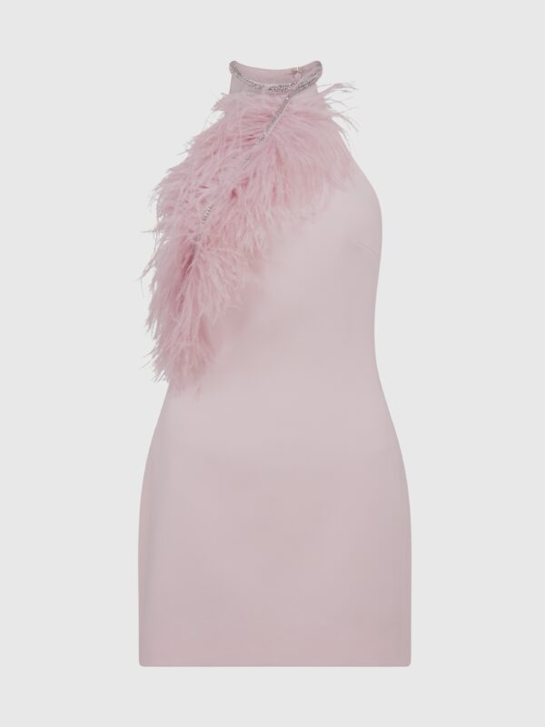 CRYSTAL FEATHER HALTER MINI DRESS