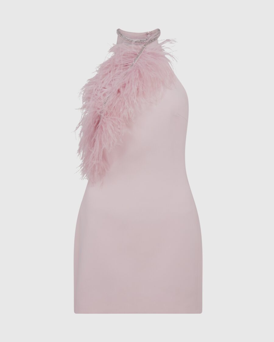 CRYSTAL FEATHER HALTER MINI DRESS