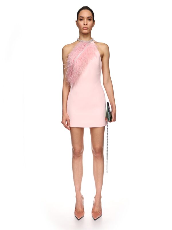 CRYSTAL FEATHER HALTER MINI DRESS