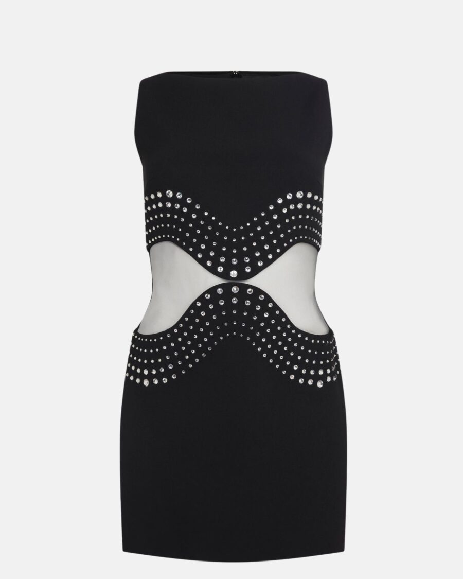 CRYSTAL EMBROIDERED AND TULLE INSERT MINI DRESS