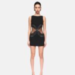 CRYSTAL EMBROIDERED AND TULLE INSERT MINI DRESS