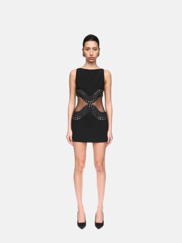 CRYSTAL EMBROIDERED AND TULLE INSERT MINI DRESS