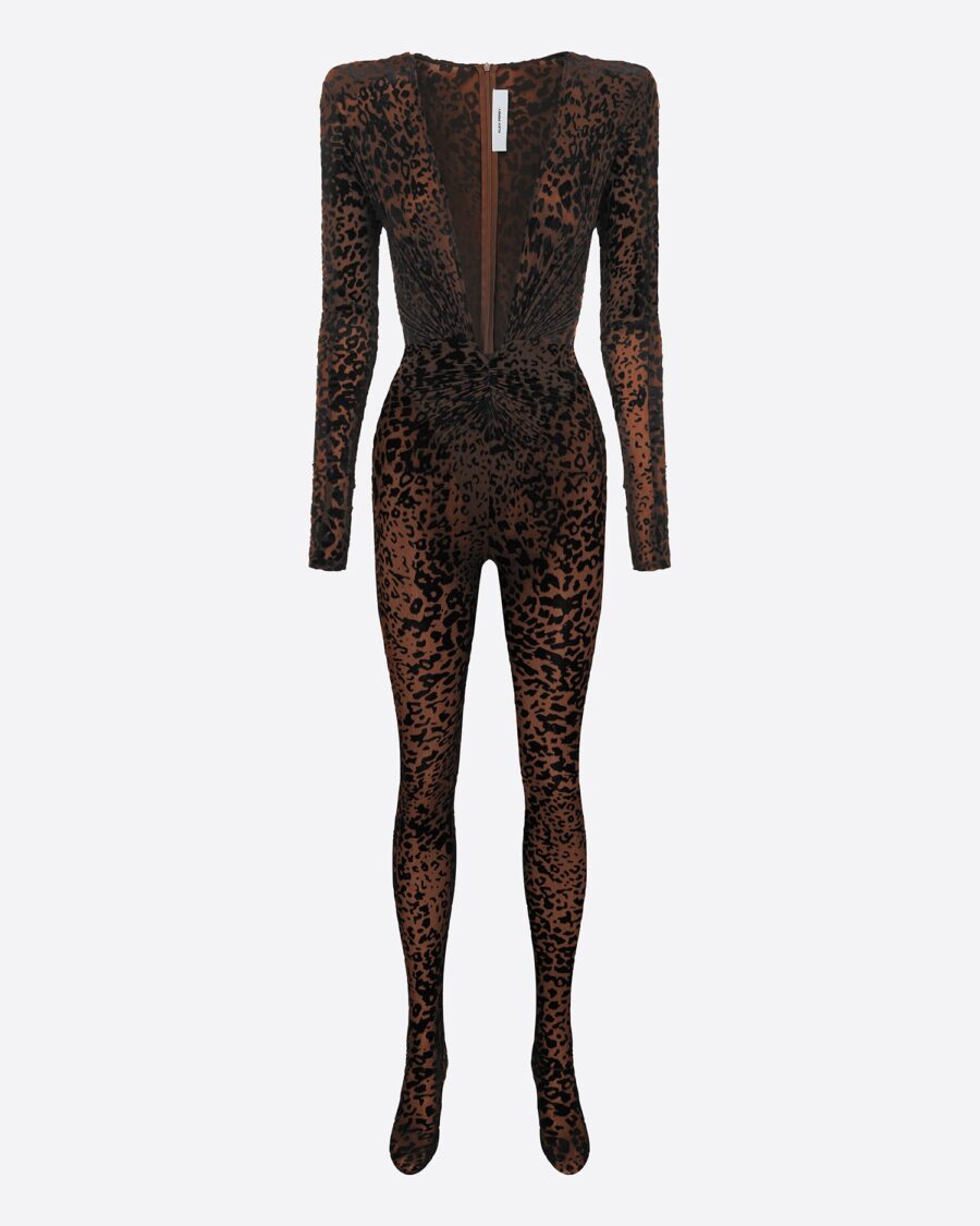 LONG V CATSUIT IN LEOPARD