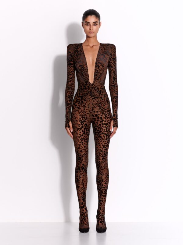 LONG V CATSUIT IN LEOPARD