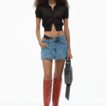 PRE STYLED DENIM SKIRT WITH LACE BAND
