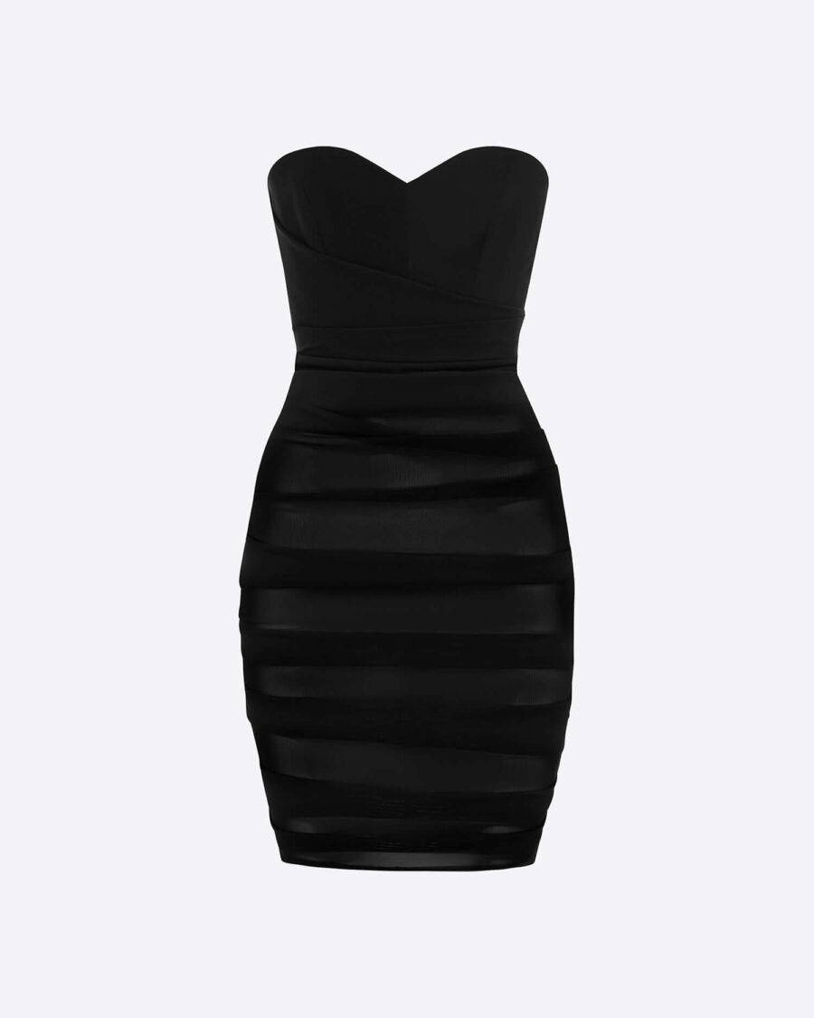 STRAPLESS MESH TUCKED DRESS