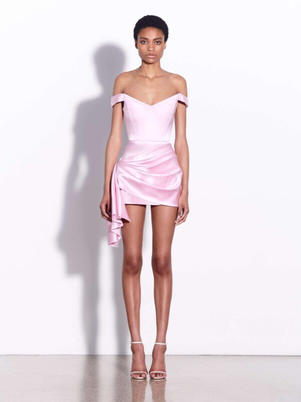 OFF THE SHOULDER MINI DRAPED DRESS