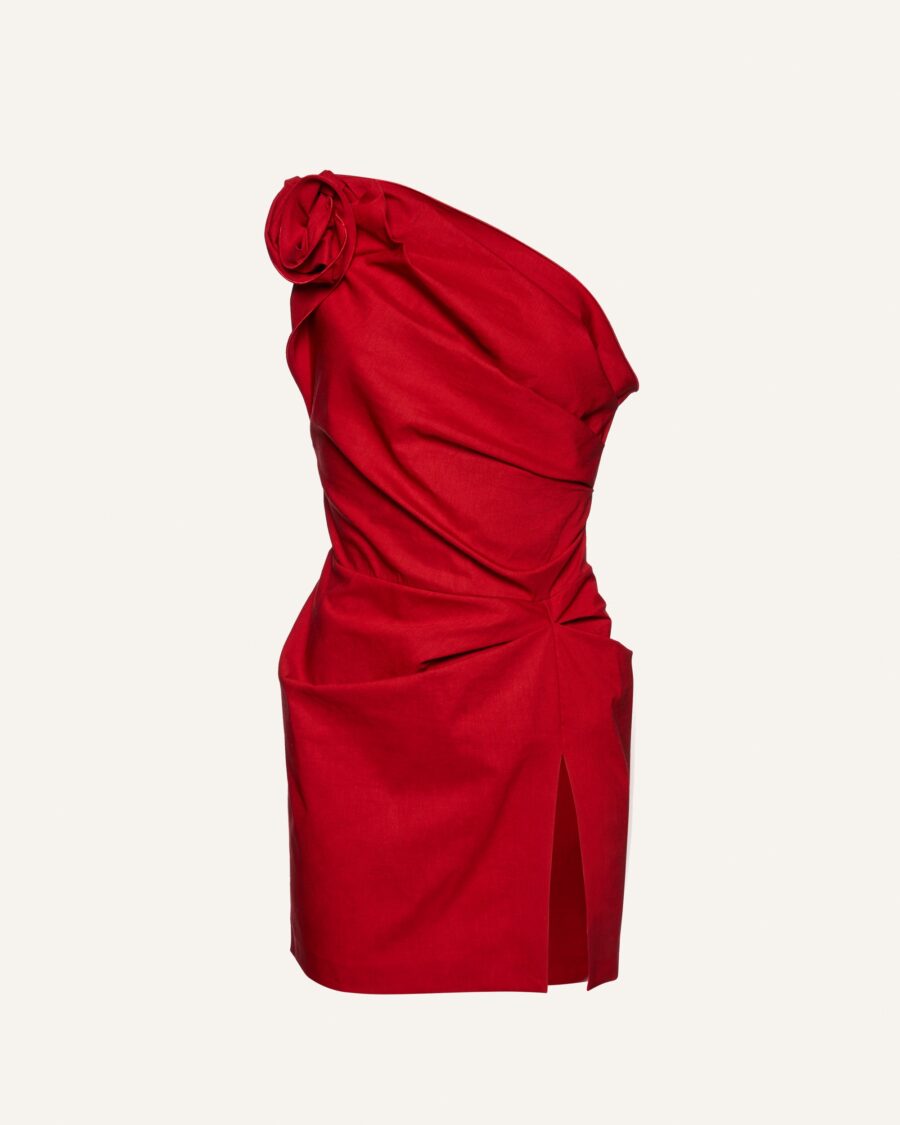 ONE SHOULDER RUCHED LINEN MINI DRESS