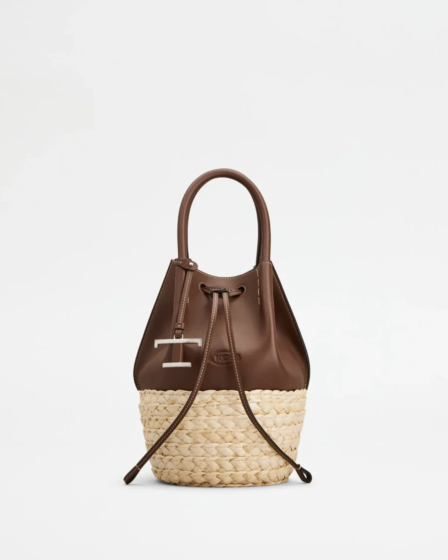 STRAW AND NAPPA BUCKET MINI BAG