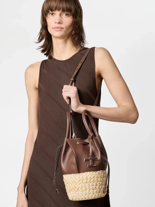STRAW AND NAPPA BUCKET MINI BAG