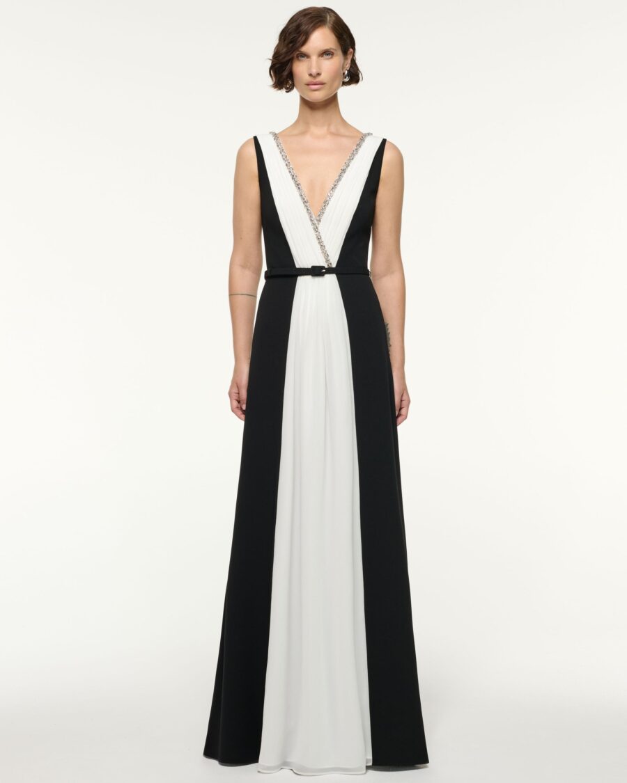 CRYSTAL NECKLINE MONOCHROME GOWN