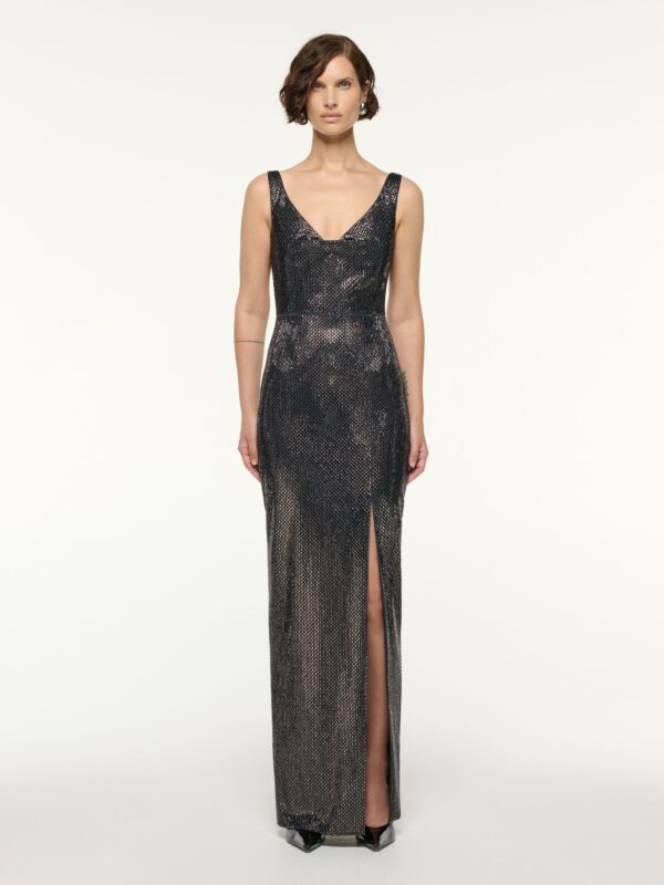 DRAPED NECKLINE DIAMANTE GOWN