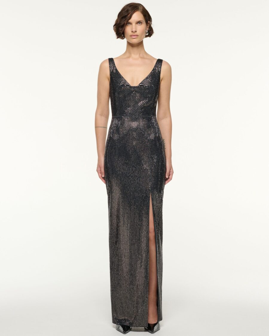 DRAPED NECKLINE DIAMANTE GOWN