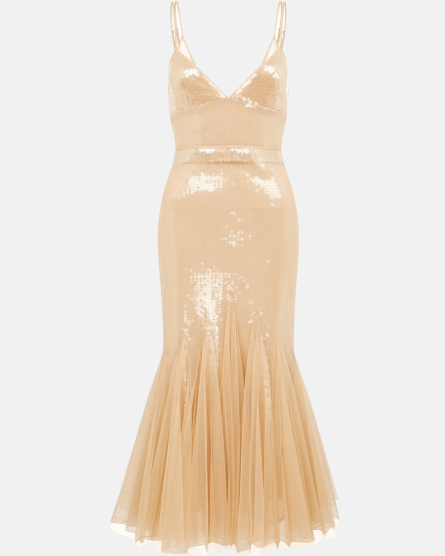 SEQUIN AND TULLE CAMI MIDI DRESS