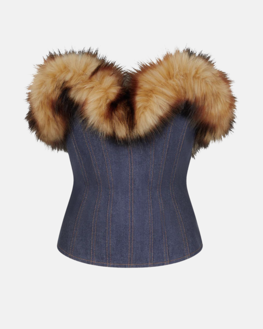 DETACHABLE FAUX-FUR TRIM CORSET TOP