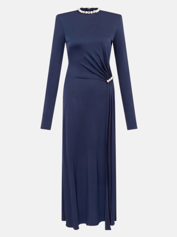 CRYSTAL EMBROIDERY NECK & WAIST DETAIL MIDI DRESS