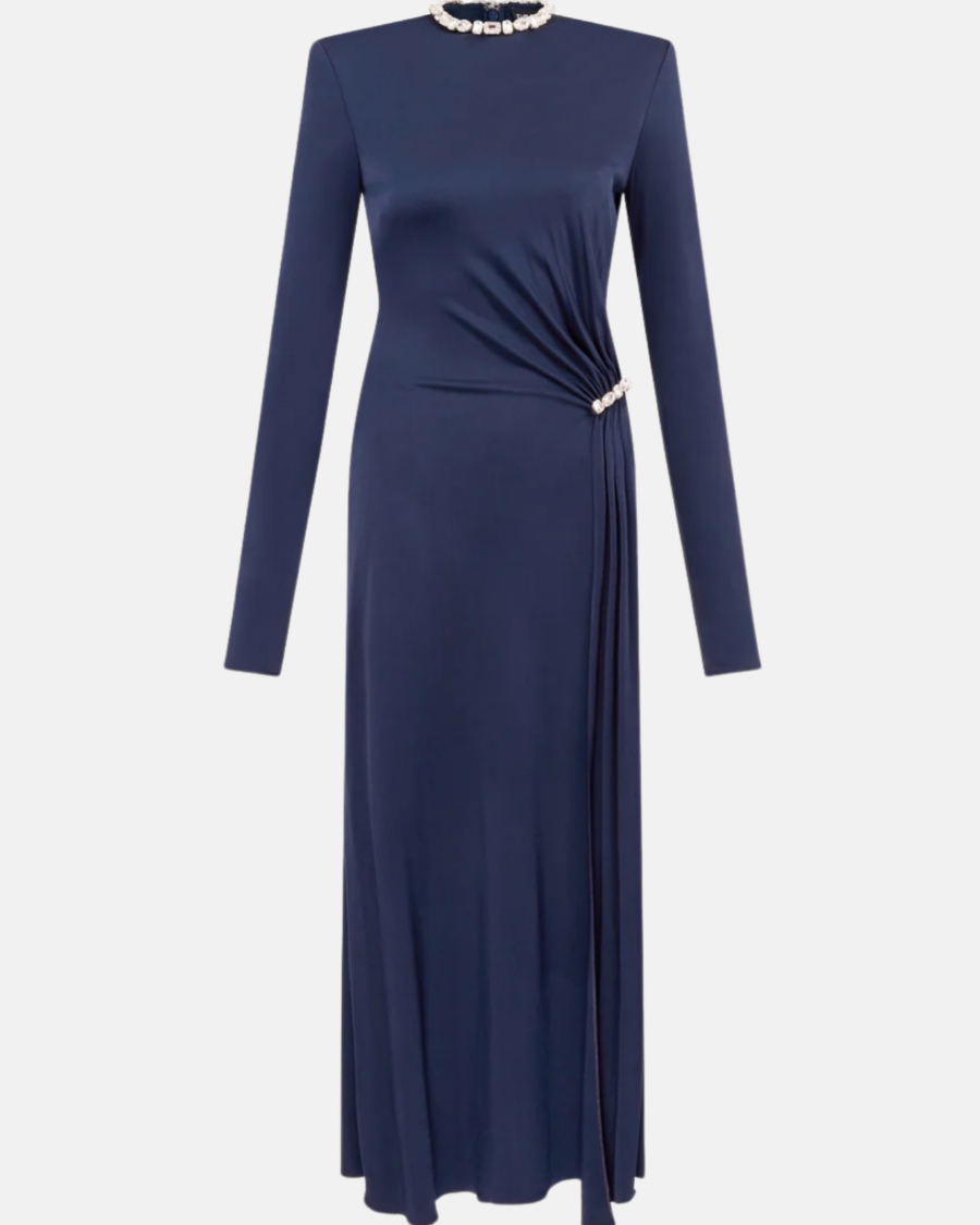 CRYSTAL EMBROIDERY NECK & WAIST DETAIL MIDI DRESS