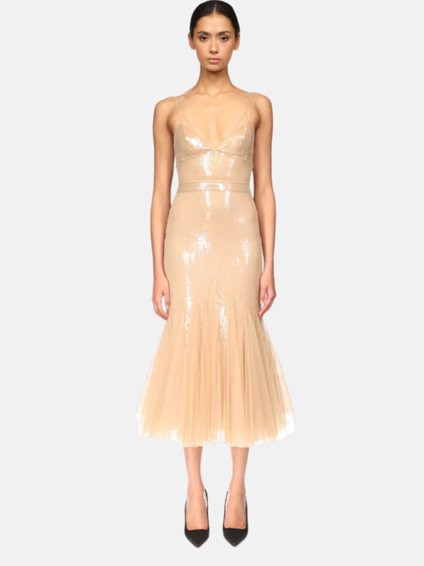SEQUIN AND TULLE CAMI MIDI DRESS
