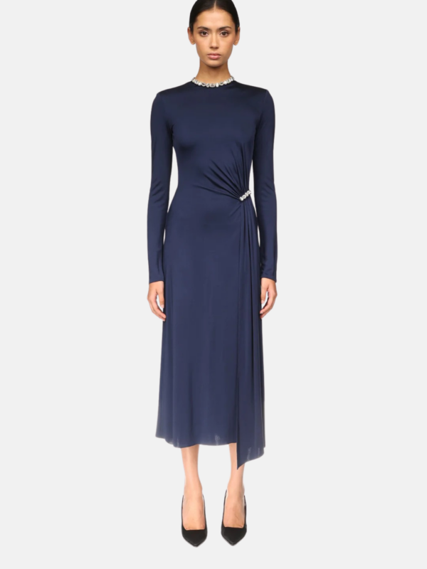 CRYSTAL EMBROIDERY NECK & WAIST DETAIL MIDI DRESS
