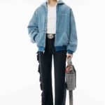 BRUSHED DENIM OVERSIZED HOODED BOMBER