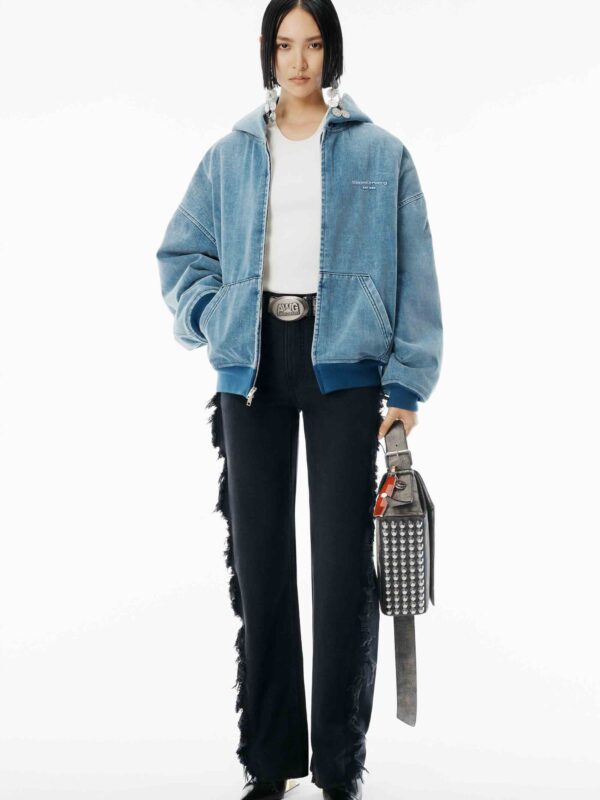 BRUSHED DENIM OVERSIZED HOODED BOMBER