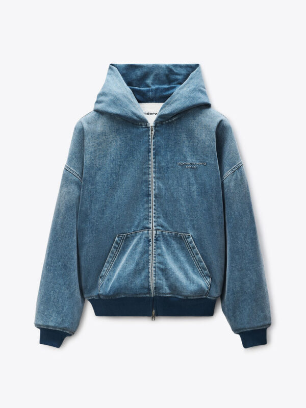 BRUSHED DENIM OVERSIZED HOODED BOMBER