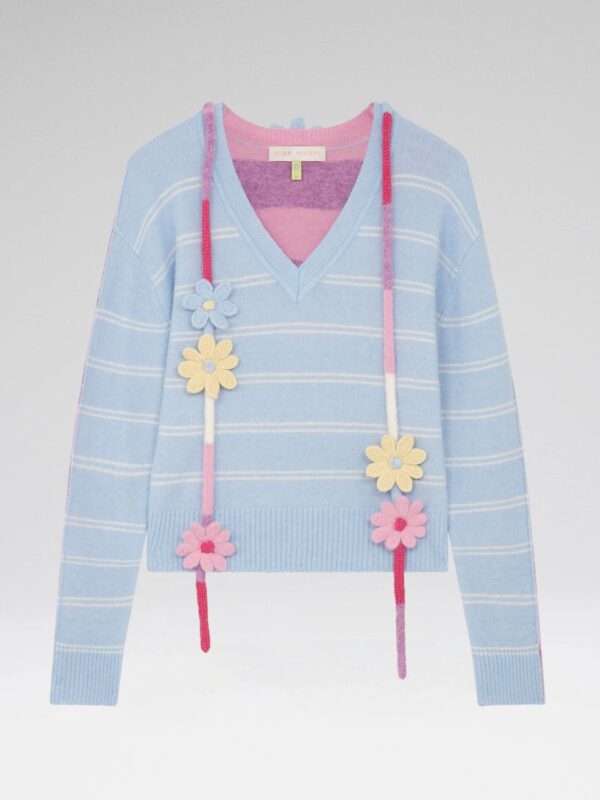 STRIPE V NECK CRICHET SWEATER
