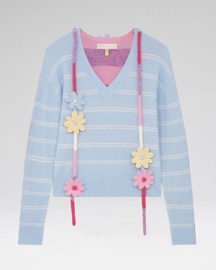 STRIPE V NECK CRICHET SWEATER