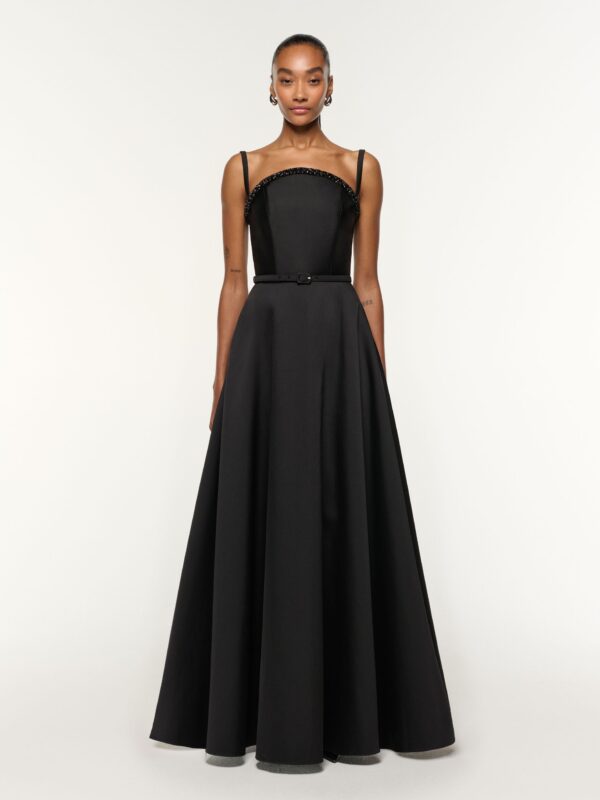 CURVED NECKLINE TAFFETA GOWN