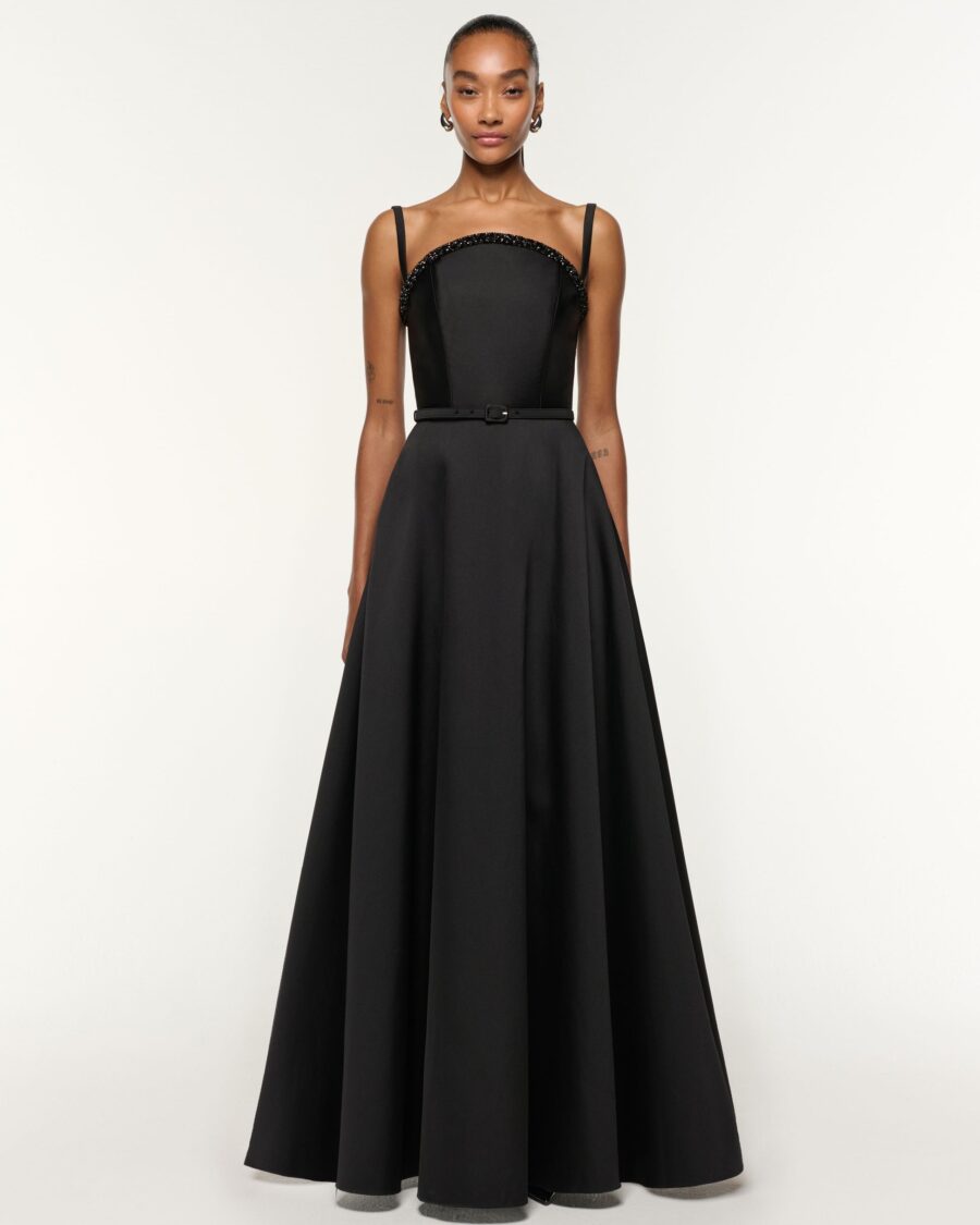 CURVED NECKLINE TAFFETA GOWN
