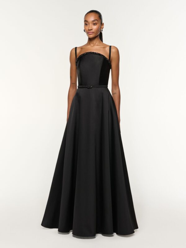 CURVED NECKLINE TAFFETA GOWN