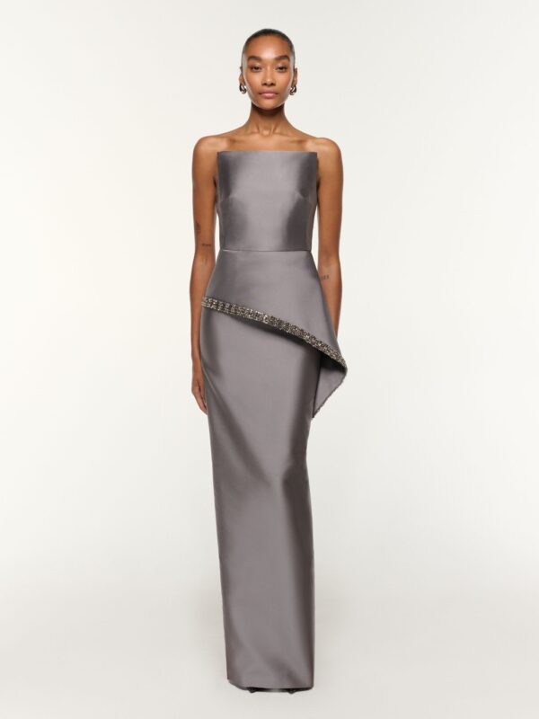 TAFETTA PEPLUM GOWN WITH CRYSTAL TRIMMING